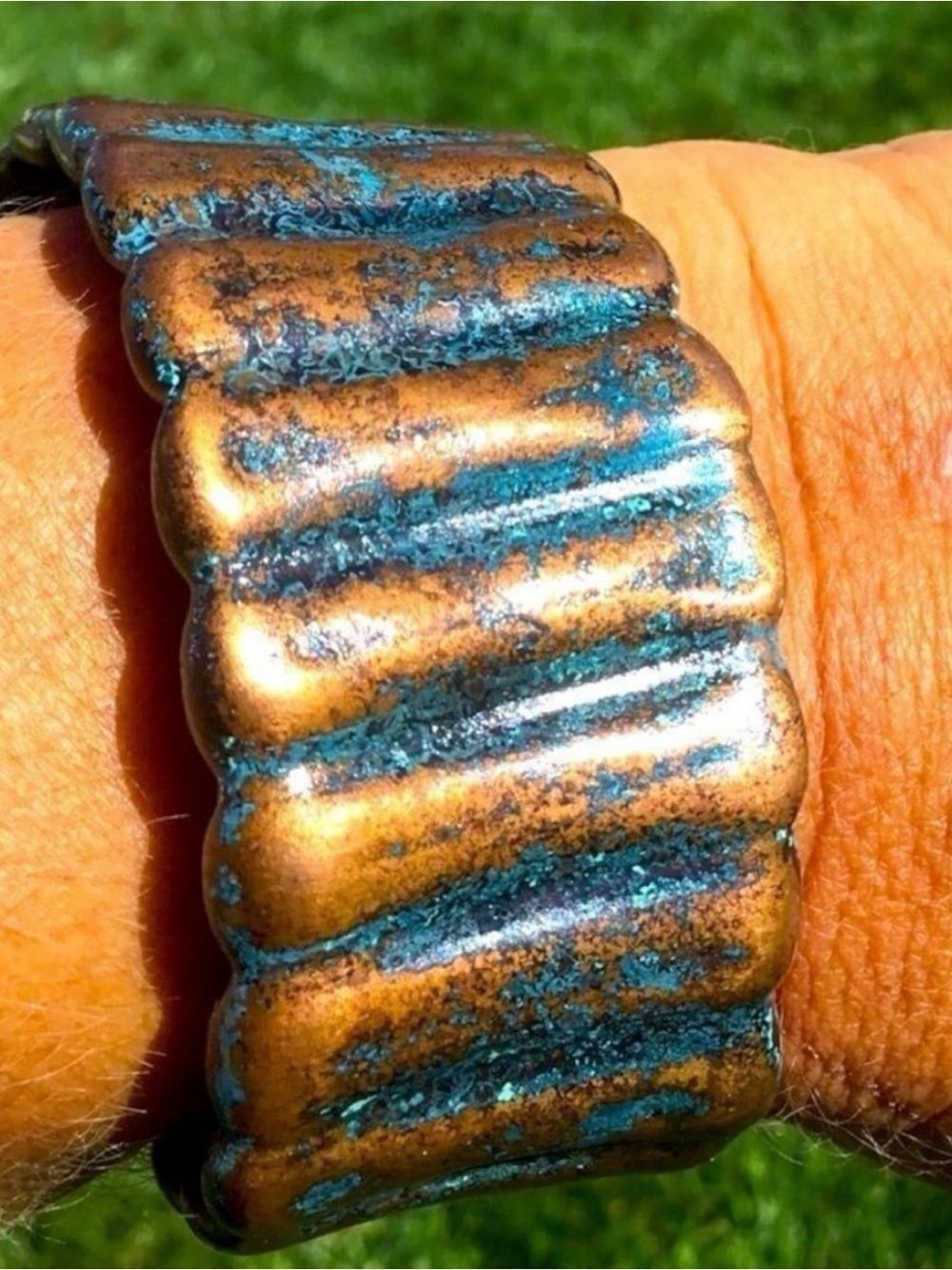 Western Turquoise Patina Copper Statement Cuff Bracelet USA Handmade